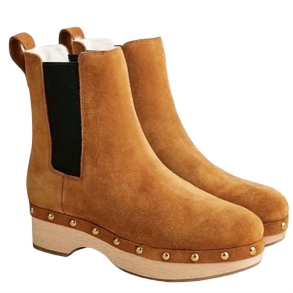 J. Crew Womens Suede Faux-fur Lined Wooden Clog Platform Chelsea Boots Sz 6 Boho